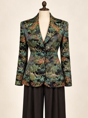 Vintage 1940s Chinese Brocade Elegant Black Satin Floral Blazer/Jacket